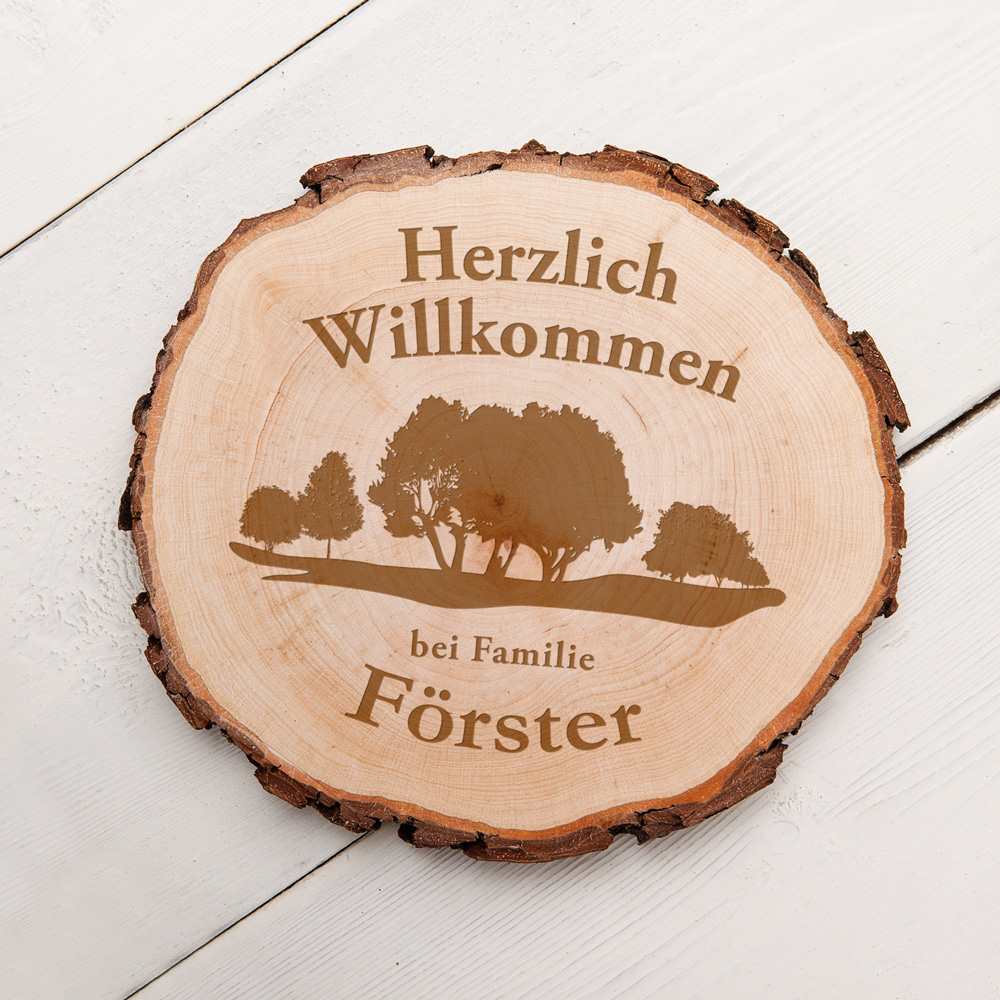 Baumscheibe als Türschild - Herzlich Willkommen, Baumscheibe mit Gravur, Türschild, Geburtstagsgeschenke, Baumscheibe gravieren