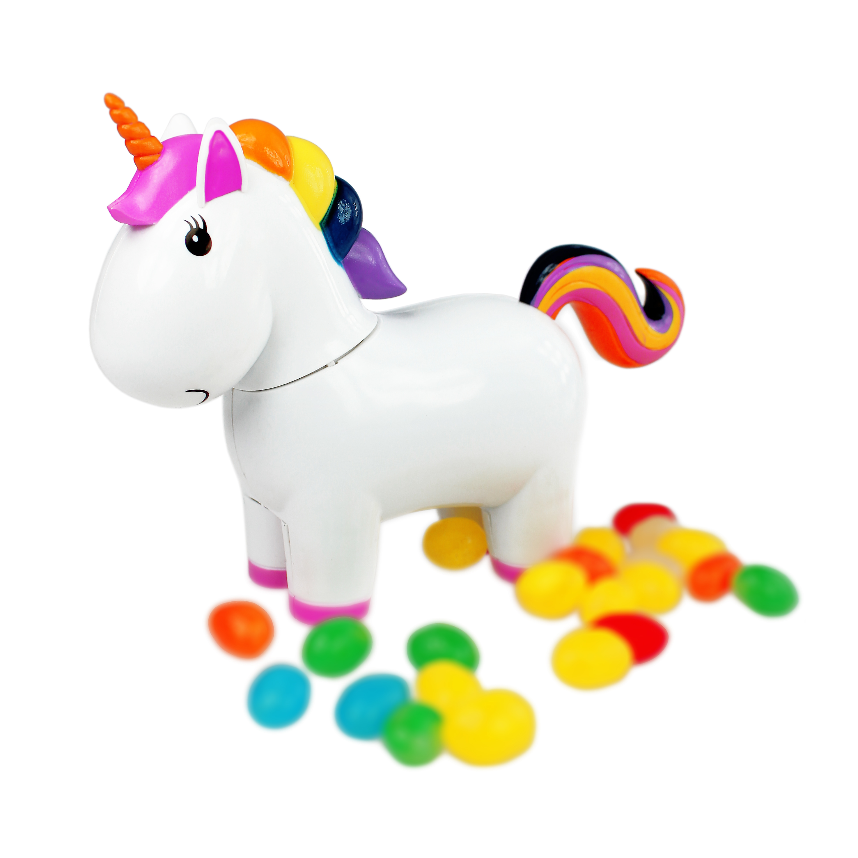 Einhorn als Spender für Süßigkeiten, Einhornfigur kackt Jelly Beans, Süßigkeitenautomat für zuhause, Kleines Einhorn spendet Bonbons, Pooping Unicorn